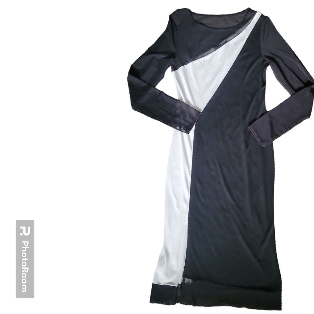 BCBGMAXAZARIA Black&White Mesh Sleeve Dress - M